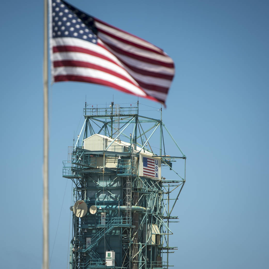 The upper levels of the launch gantry, surrounding the United Launch Alliance Delta II rocket with the Orbiting Carbon Observato