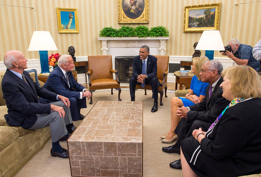 President Barack Obama meets with Apollo 11 astronauts Mike Collins and Buzz Aldrin and Neil Armstrong's widow Carol