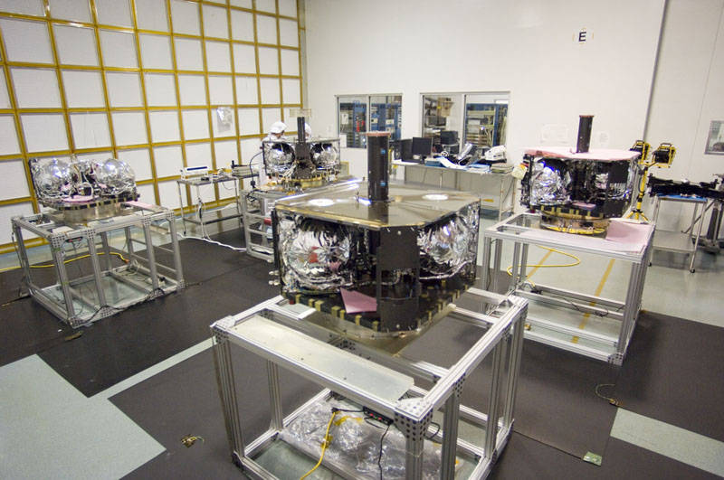 Four of 5 THEMIS Spacecraft in Clean Room
