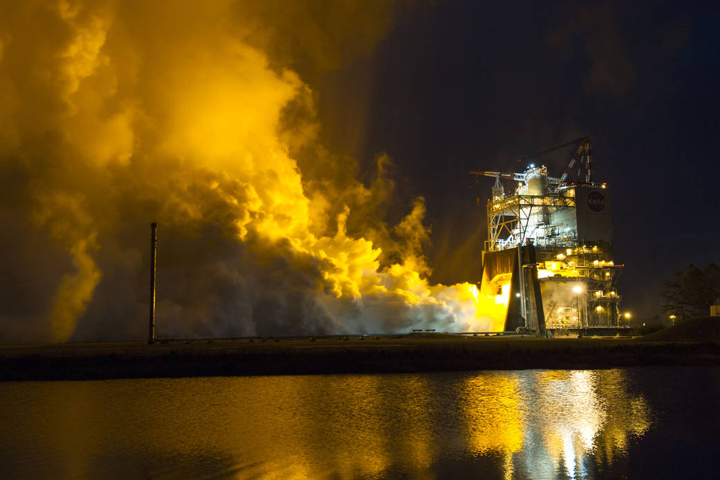 The RS-25 engine fires up for a 500-second test Jan. 9 at NASA's Stennis Space Center near Bay St. Louis, Mississippi.