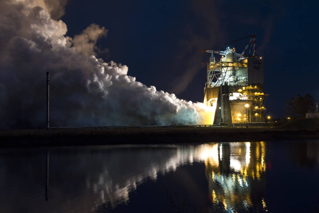 The RS-25 engine fires up for a 500-second test Jan. 9 at NASA's Stennis Space Center near Bay St. Louis, Mississippi.