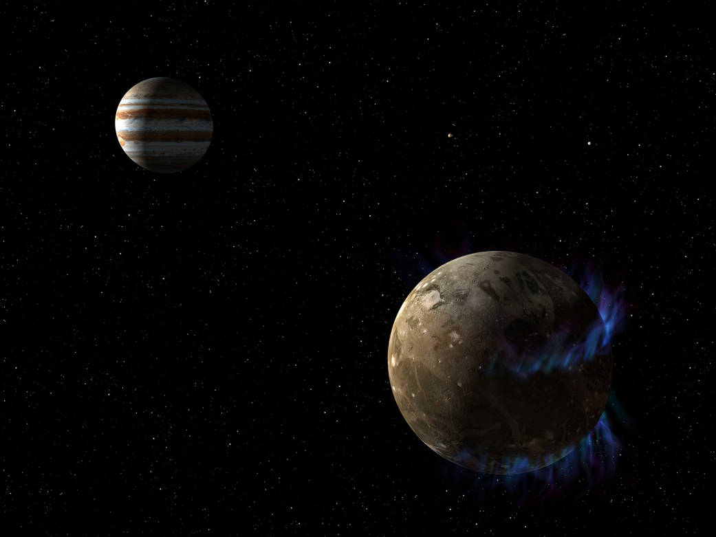 Artist concept of Ganymede and Jupiter