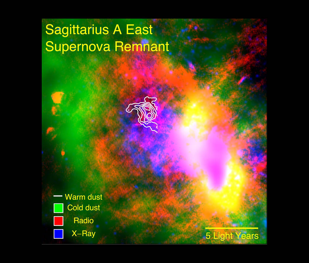 Warm dust (white) surviving inside a supernova remnant.