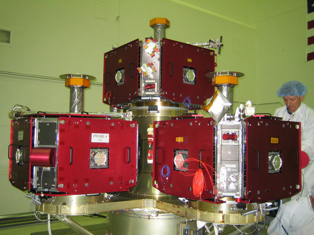 All five THEMIS probes mounted on the Probe Carrier.