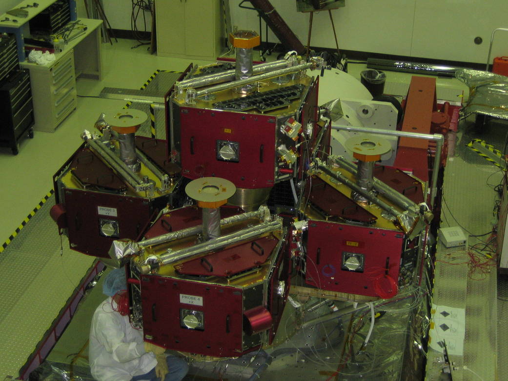 Viewed from above, all five THEMIS probes mounted on the Probe Carrier.