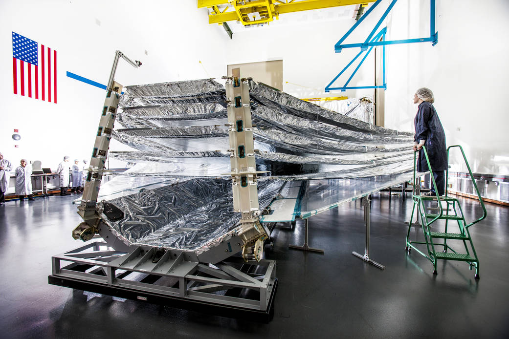Five sunshield layers of the James Webb Space Telescope at the Northrop Grumman facility in Redondo Beach, Calif.