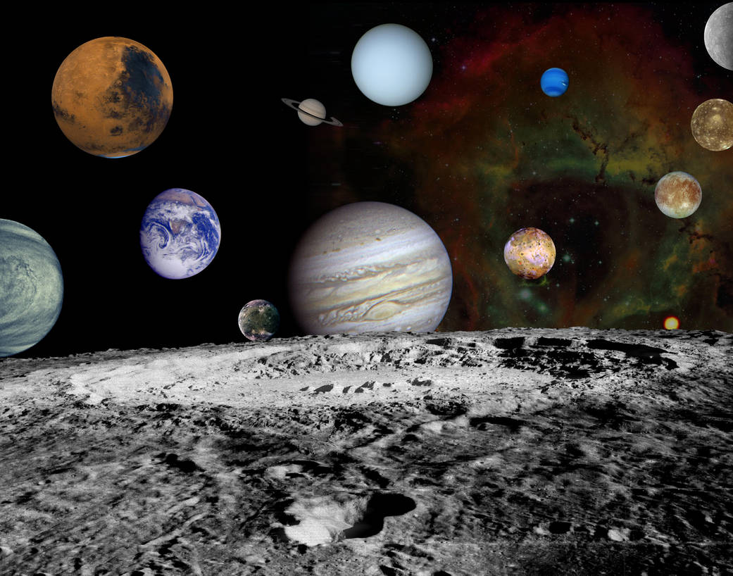 Color montage of planets with galaxy in background above a cratered horizon in black and white