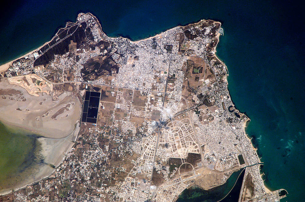 View from space of the city of Carthage showing detail of buildings, streets and shoreline