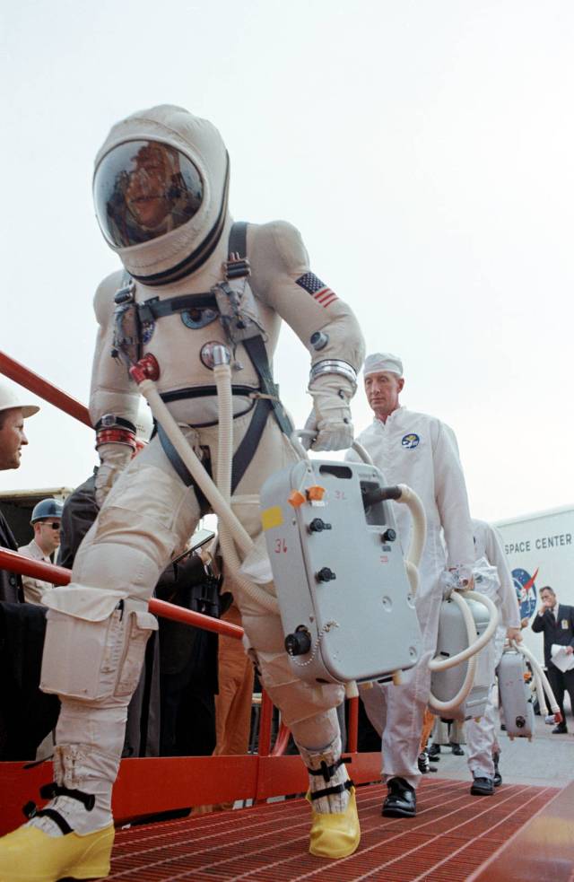 Astronauts in spacesuits walk toward launchpad