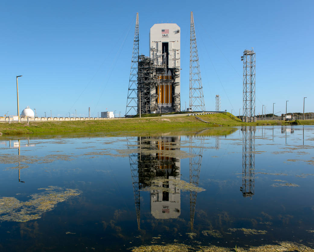 NASA’s Orion spacecraft mounted atop a ULA Delta IV Heavy Rocket at Cape Canaveral Air Force Station.