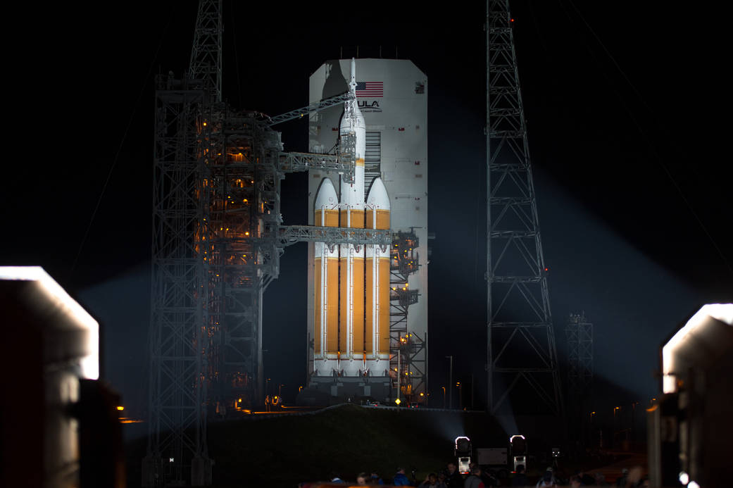 ULA Delta IV Heavy rocket with Orion spacecraft at launch pad, Cape Canaveral Air Force Station.