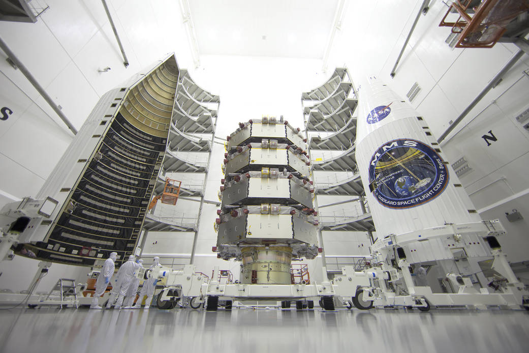 NASA's Magnetospheric Multiscale (MMS) observatories in the clean room being processed for launch.