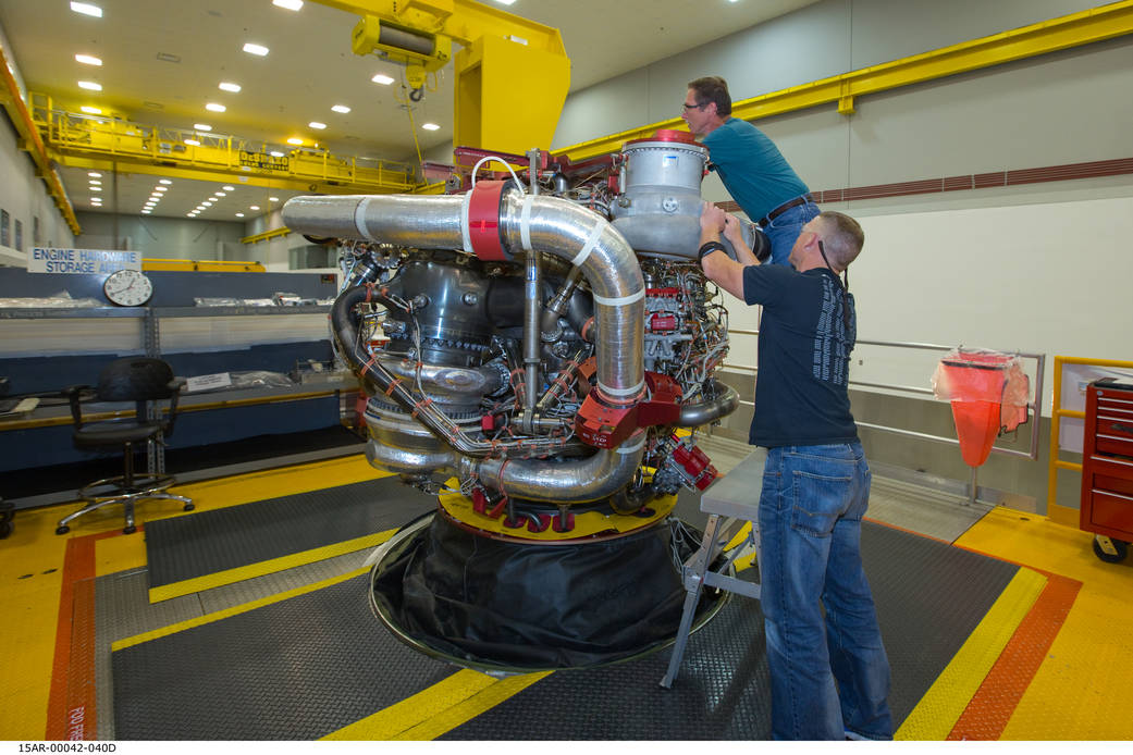 Aerojet Rocketdyne technicians put the final touches on the 16th engine for the RS-25 program. 