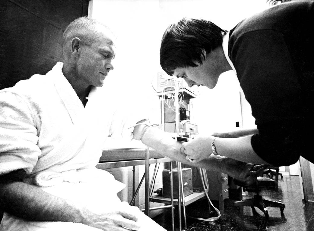 Blood drawn from John Glenn before launch.