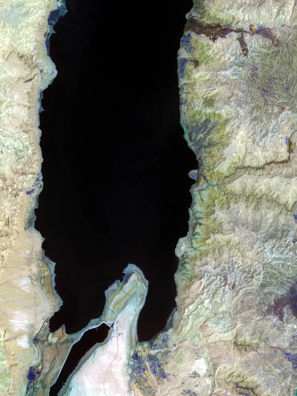 False color image of Dead Sea showing black body of water in center with yellow land surrounding 