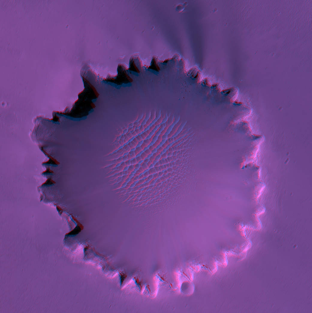 Large flat crater with jagged edges surrounded by flat terrain in false color violet