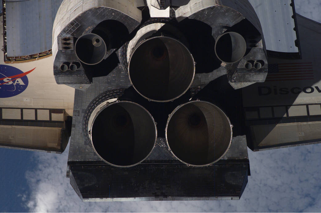 Closeup of tail end of shuttle Discovery in orbit