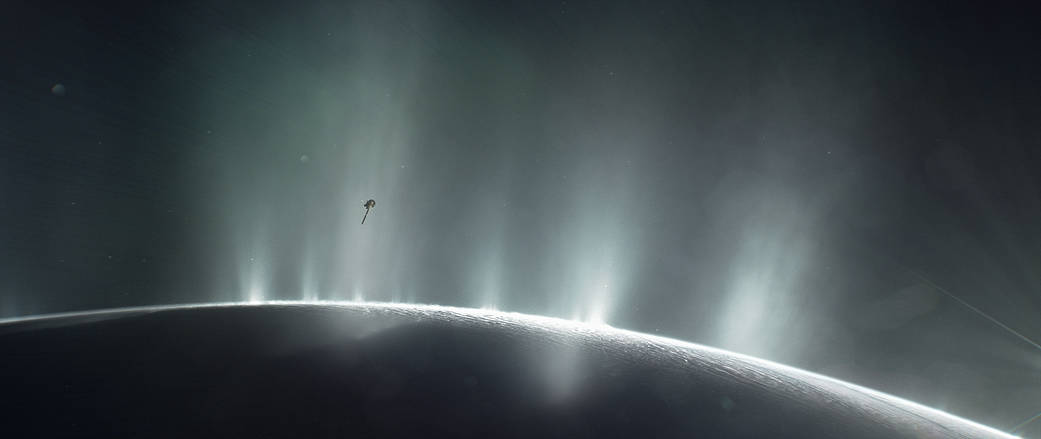 This illustration shows Cassini diving through the Enceladus plume in 2015.