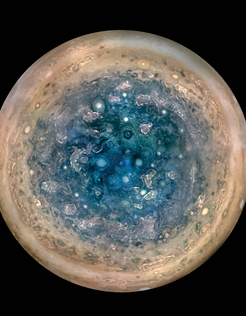 This image shows Jupiter’s south pole, as seen by NASA’s Juno spacecraft from an altitude of 32,000 miles