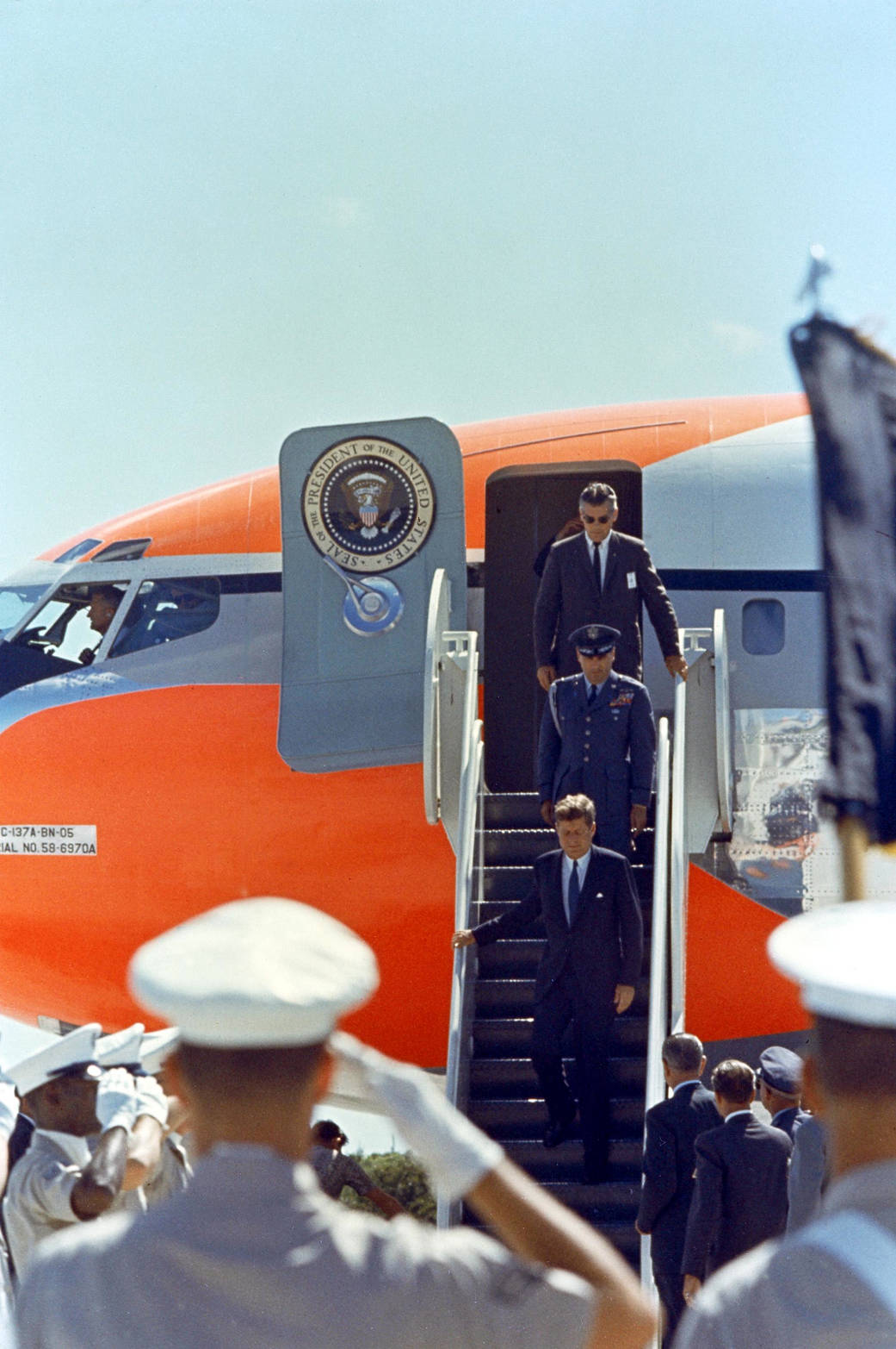 President John F. Kennedy steps off of Air Force One to tour the Launch Complex 37 facilities.