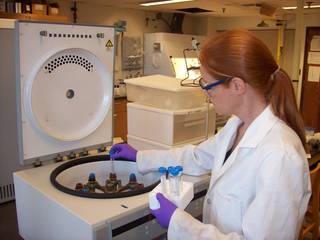 Wendy Bohon, a woman with long red hair in a ponytail, works in a lab inspecting small sample tubes. She wears a white lab coat, purple gloves, and blue safety glasses. The tubes are in a white chest with a wheel-like holding mechanism inside.