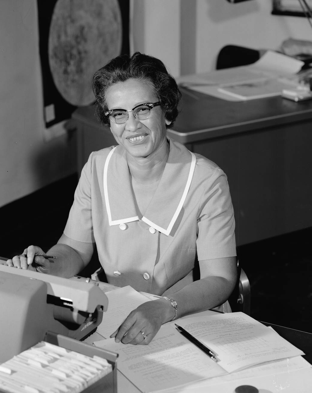 NASA research mathematician Katherine Johnson works at her desk at NASA Langley Research Center in 1966. 