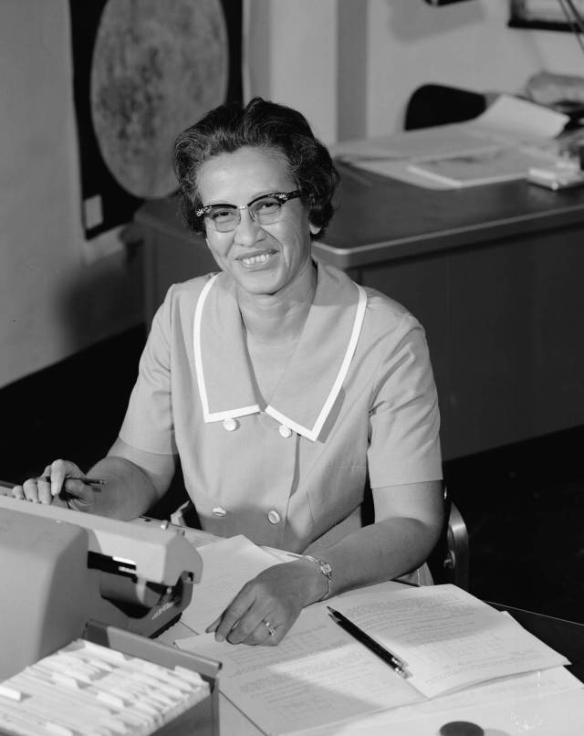 NASA research mathematician Katherine Johnson works at her desk at NASA Langley Research Center in 1966. 