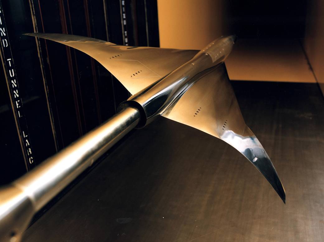 A supersonic vehicle model inside the 4-Foot wind tunnel.