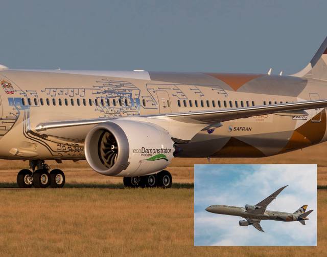NASA worked with Boeing to wire more than 200 microphones to the outside skin of this 787-10 Dreamliner on loan from Etihad Airways. There is an inset image showing the 787 in flight.