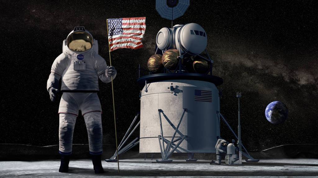 Lunar Lander. Artist concept of NASA Human Lunar Lander System with EVA Astronauts.