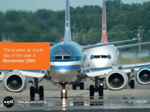 Busy Airplane Runways, the busiest air travel day of the year is November 30th. Image of two airplanes on the runway preparing for take-off.