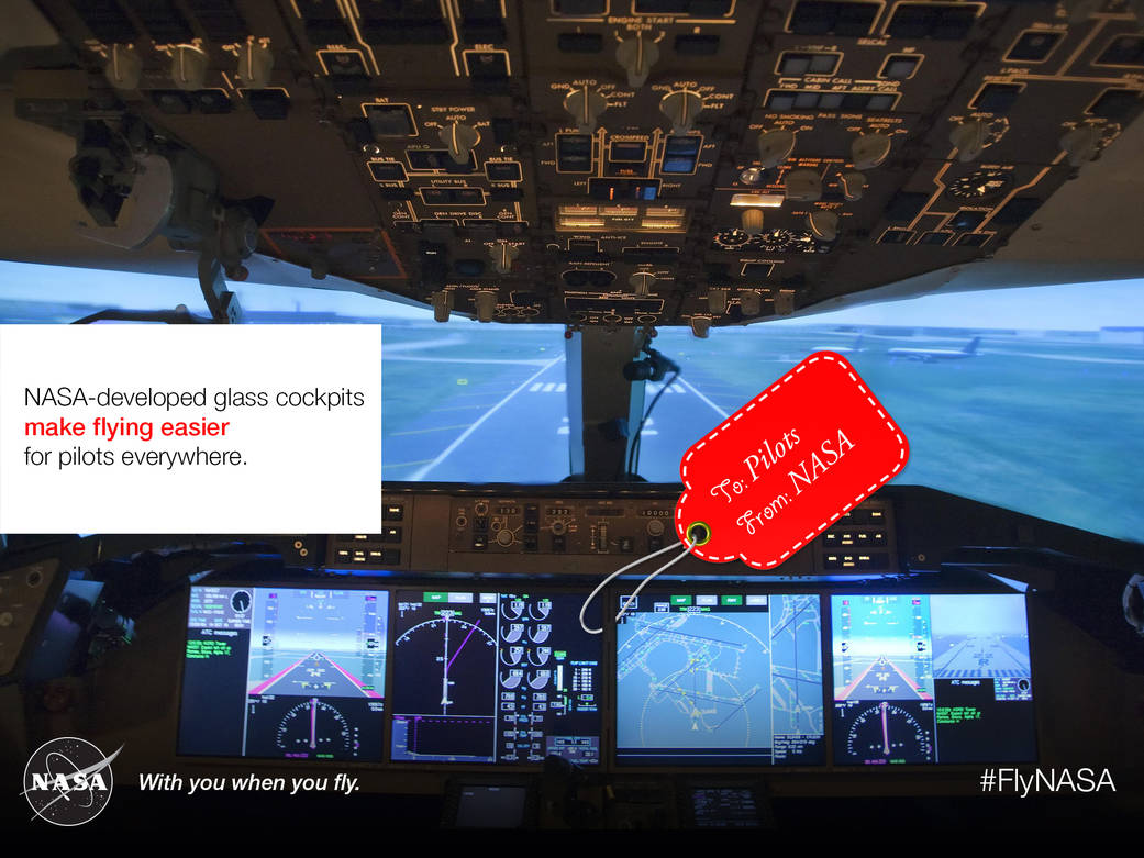 Airplane cockpit. NASA-developed glass cockpits make flying easier for pilots. Image of the inside of a cockpit with a red gift tag that says, To Pilots. From: NASA.