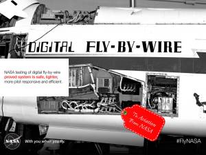 NASA testing of digital fly-by-wire proved system is safe, lighter, more pilot responsive and efficient. Black and white image showing the digital fly-by-wire with a red gift tag that says, To: Aviation. From: NASA.