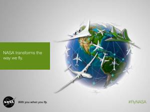 NASA transforms the way we fly. Artist illustration of the globe off to the right with airplanes flying all around it.