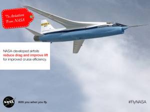 Supercritial Wing NASA Aircraft in flight with a red gift tag that says, To: Aviation. From: NASA.