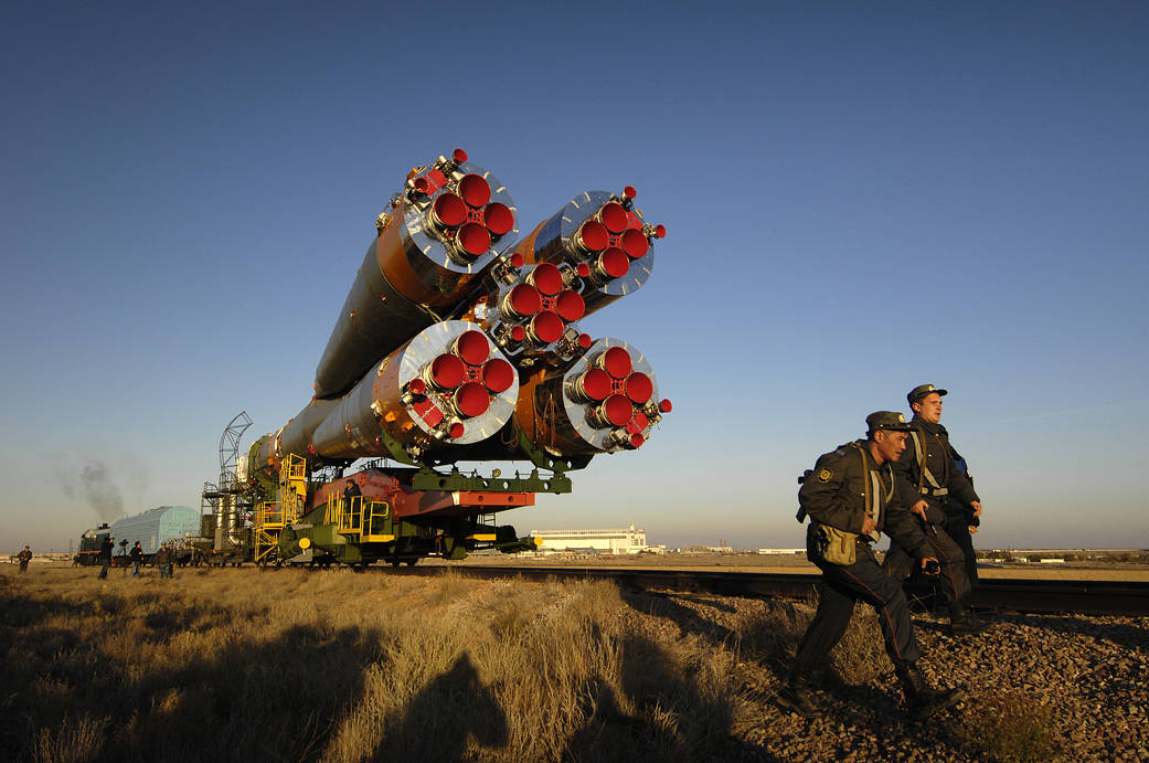  Soyuz TMA-11 spacecraft on Oct. 8 as it was transported by train to its launch pad at the Baikonur Cosmodrome