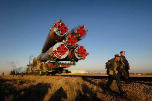 Soyuz TMA-11 spacecraft on Oct. 8 as it was transported by train to its launch pad at the Baikonur Cosmodrome