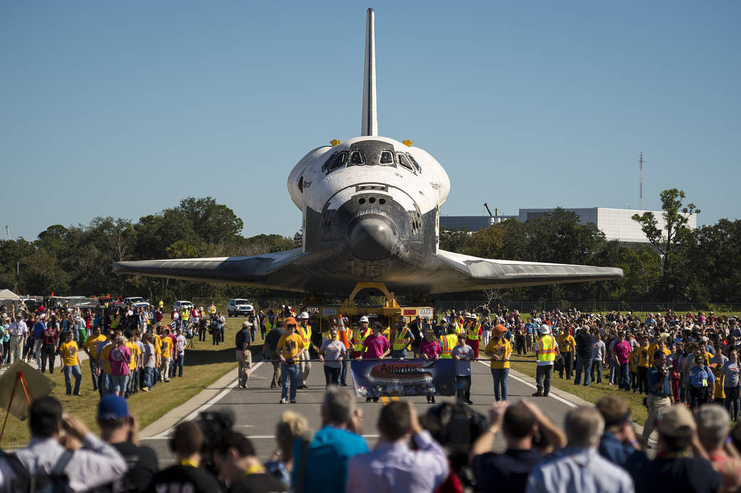 Space shuttle Atlantis is seen during its trip to its new home at the Kennedy Space Center Visitor Complex, early Friday, Nov. 2, 2012, in Cape Canaveral, Fla. 
