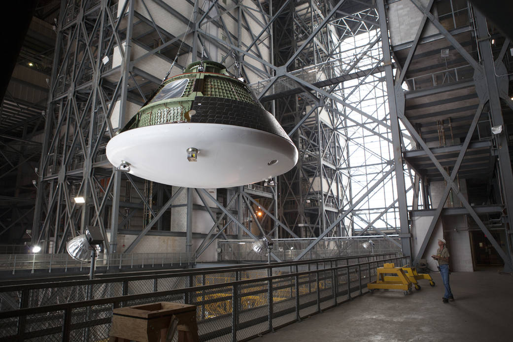 At NASA’s Kennedy Space Center in Florida, the Orion ground test vehicle, or GTA, has been lifted high in the air by crane in 