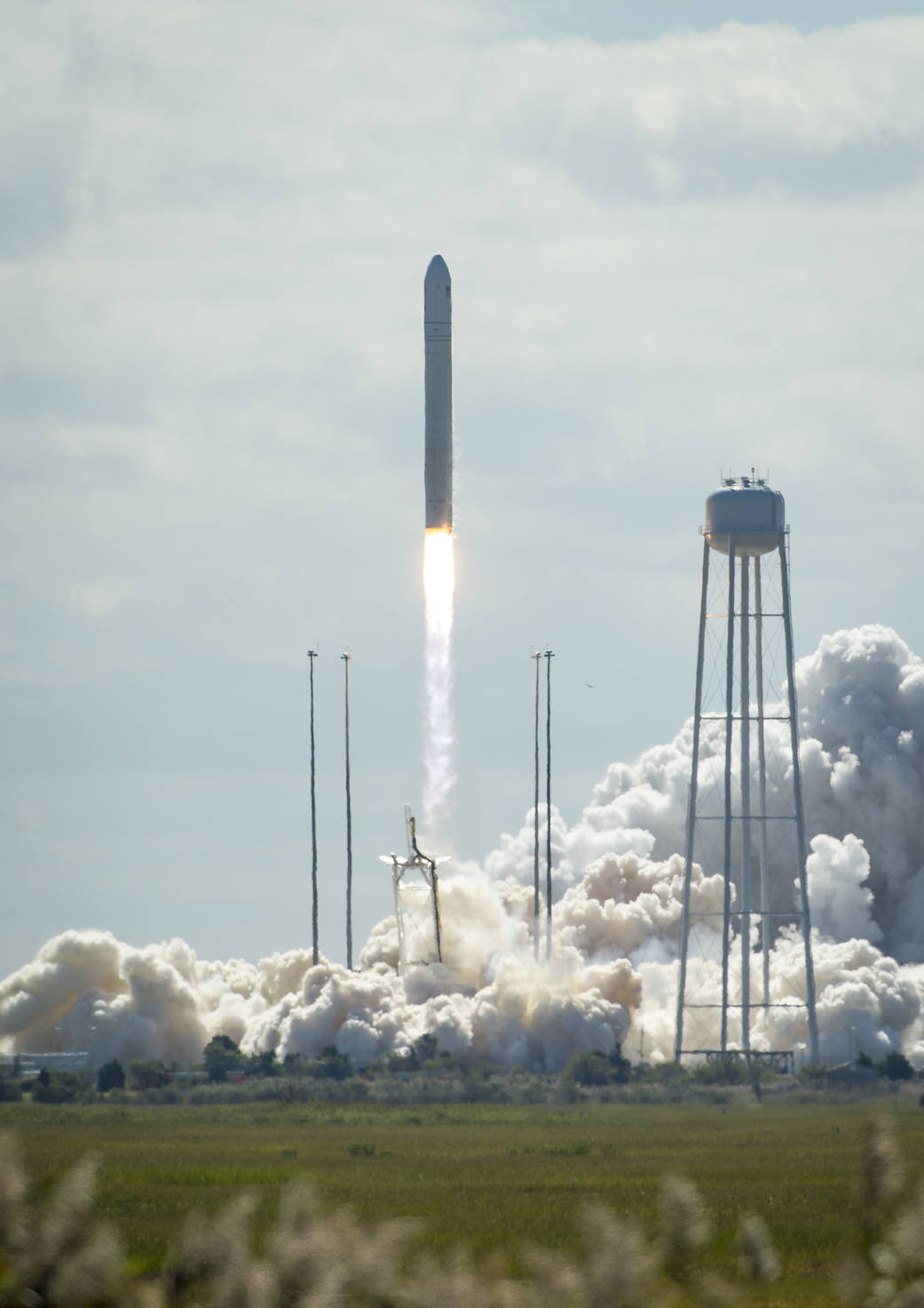 The Orbital Sciences Corporation Antares rocket, with the Cygnus cargo spacecraft aboard, is seen as it launches from Pad-0A of 