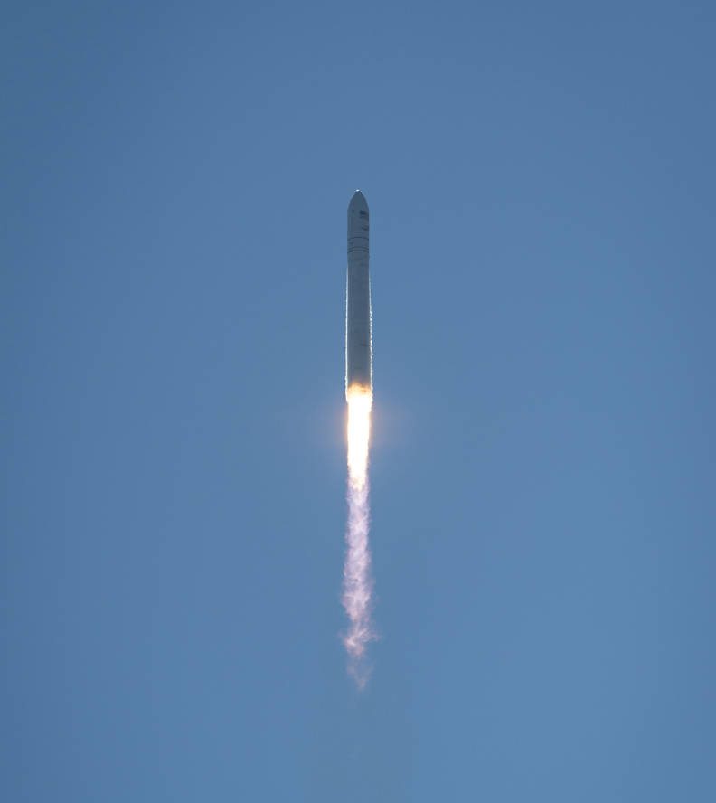The Orbital Sciences Corporation Antares rocket, with the Cygnus cargo spacecraft aboard, is seen climbing post-launch on Wednes