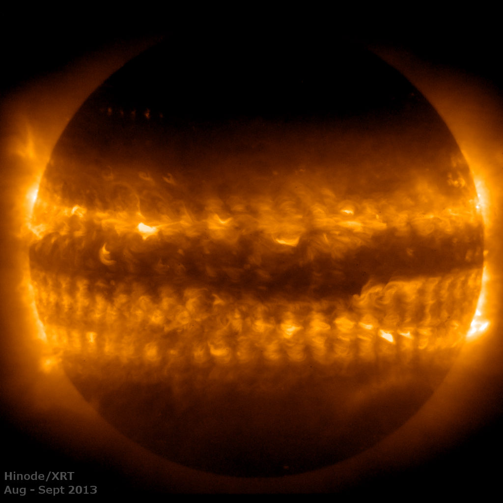 This image was created by adding together 54 observations of the sun's 10-million degree outer atmosphere, called the corona.