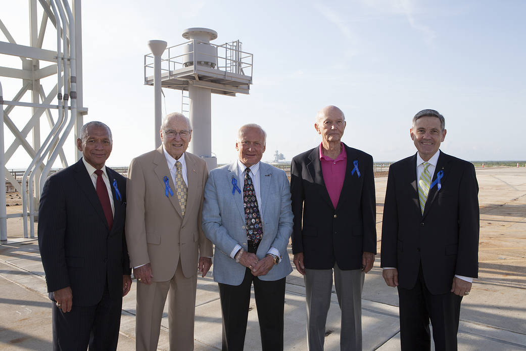 At the Kennedy Space Center in Florida, NASA officials showcase the modifications underway at Launch Pad 39 B to Apollo astronau