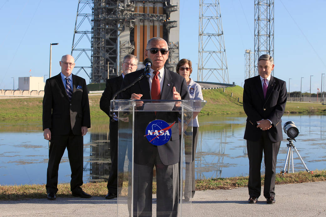 Administrator Bolden speaks to media ahead of Orion launch