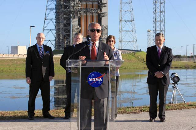 Administrator Bolden speaks to media ahead of Orion launch