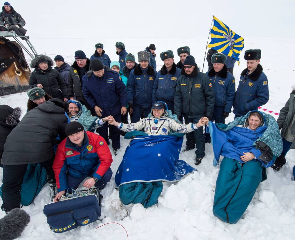 Ryazanskiy, Kotov and Hopkins Rest After Landing