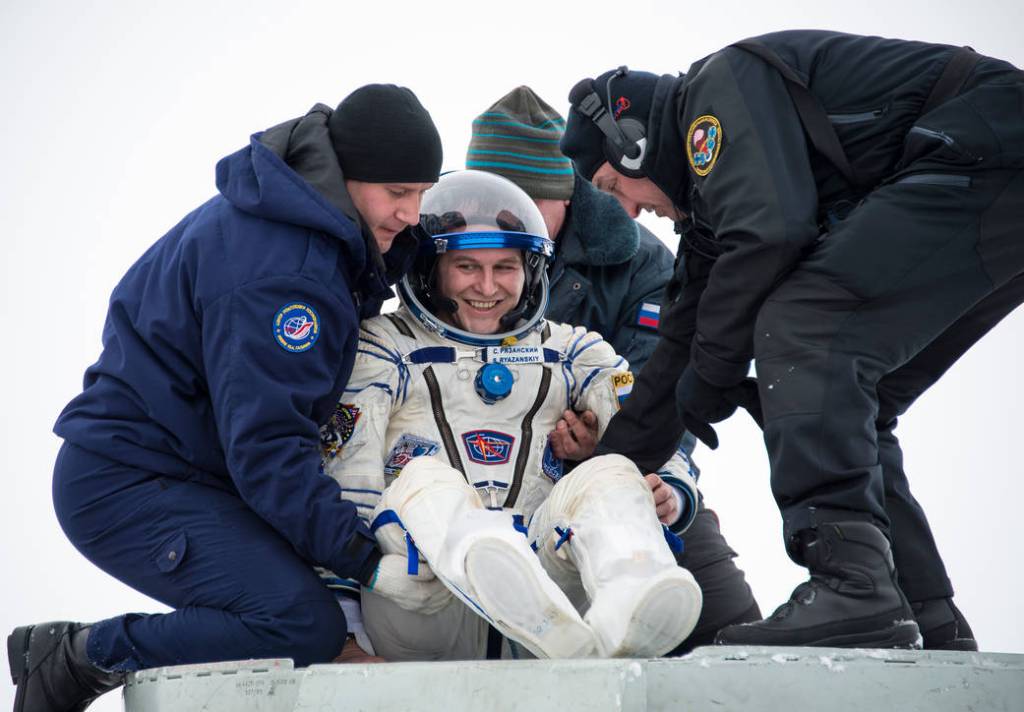 Sergey Ryazanskiy is Helped Out of Soyuz