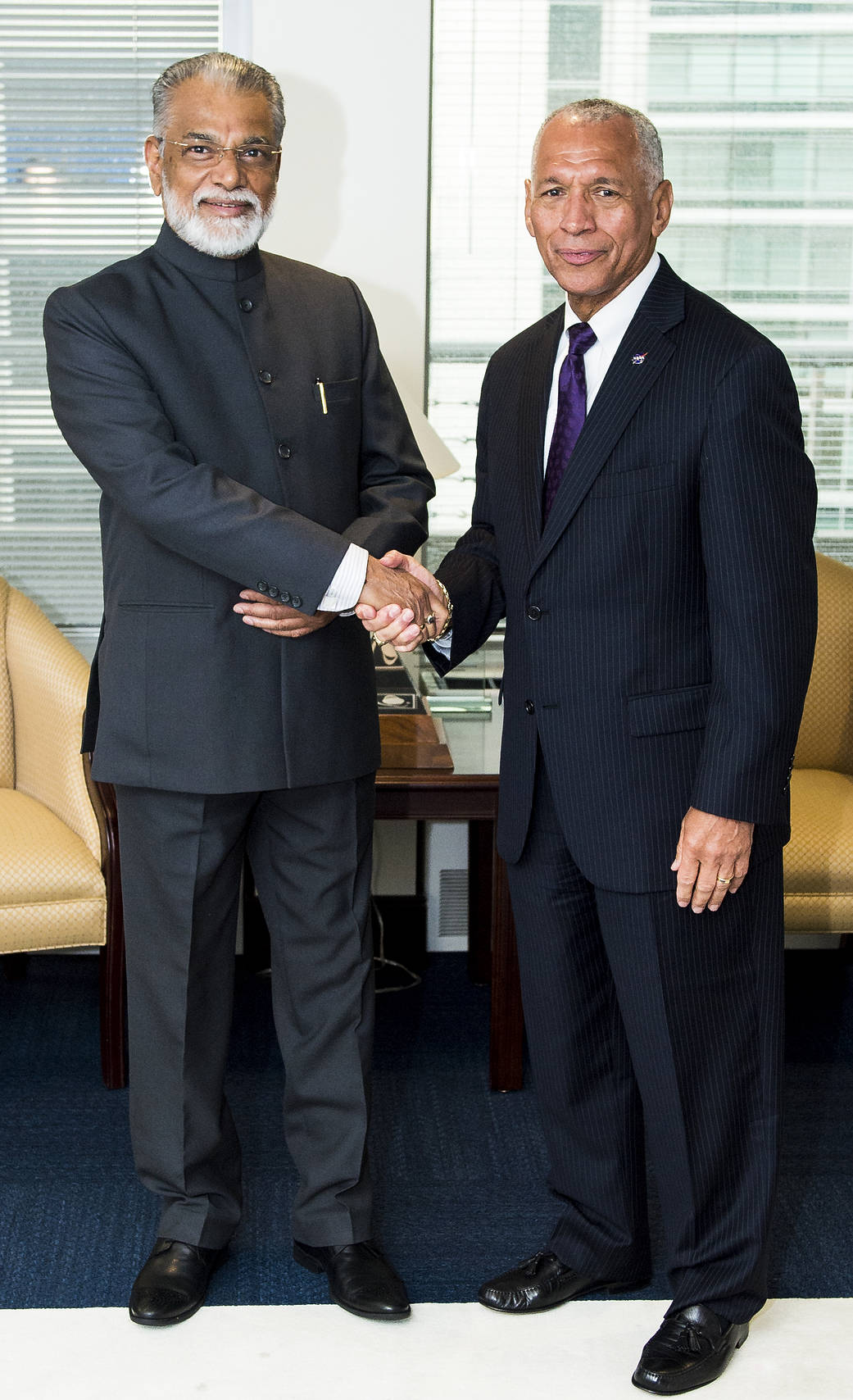 NASA Administrator Charles Bolden, right, welcomes Dr. K. Radhakrishnan.