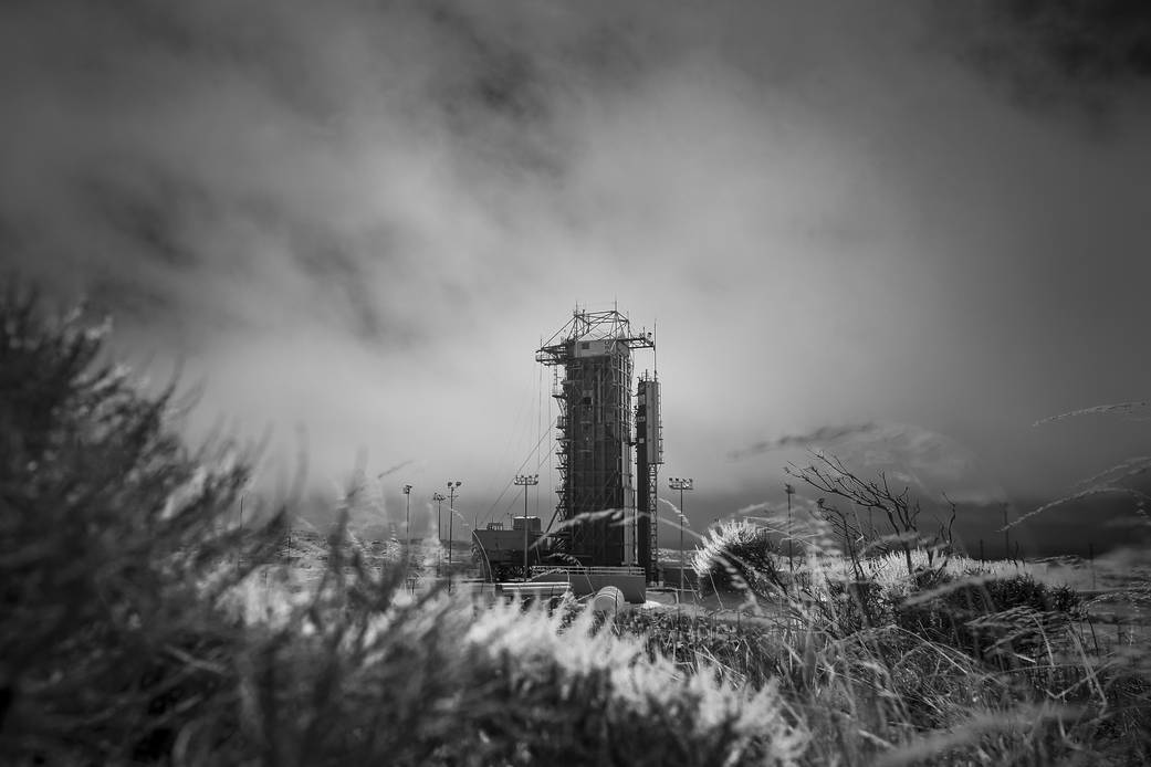 This black-and-white infrared view shows the launch gantry