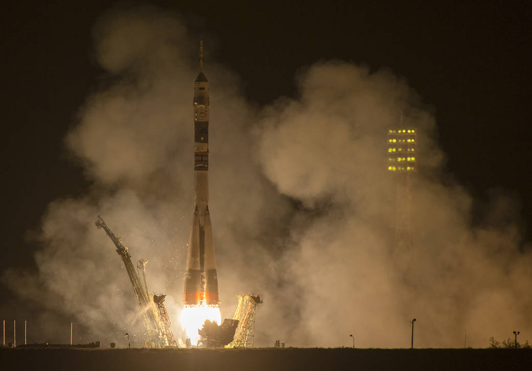 The Soyuz TMA-14M rocket is launched with Expedition 41 Soyuz Commander Alexander Samokutyaev of the Russian Federal Space Agenc